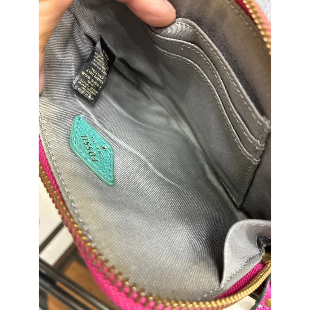 Fossil Pink Pebbled Leather Cactus Applique L-Zip Wristlet Pouch SWL1781